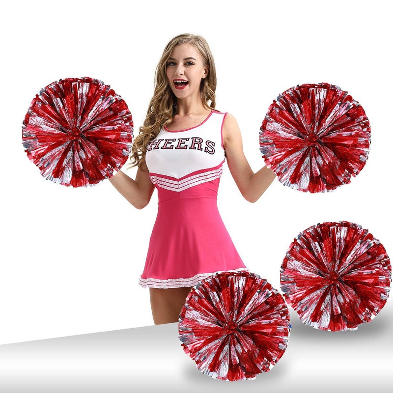 Ueerdand Pack of 4 Cheerleading Pom Poms Foil Plastic Metallic Cheerleader Pom Poms for Cheer Sport Kids Adults Team Spirit Cheering (Red/Silver) - Image 1